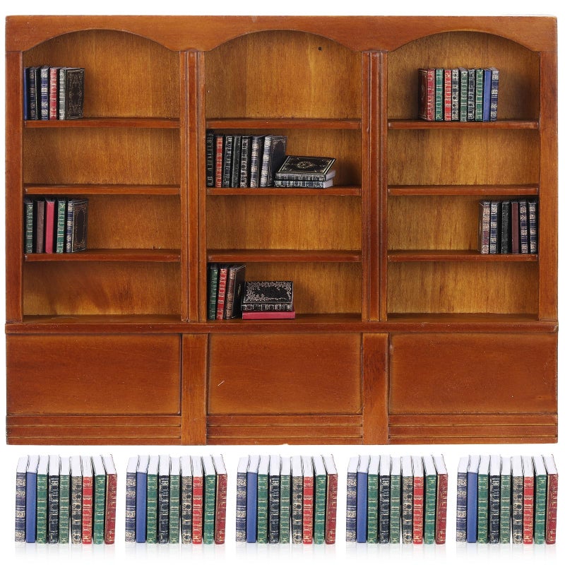 Chivertion 1:12 Scale Dollhouse Miniature Wooden Bookshelf with 48 Pcs Miniatures Books, Mini Bookcase Tiny Books for Dollhouse Mini Library Furniture Decoration Gift(Brown) - Image 1