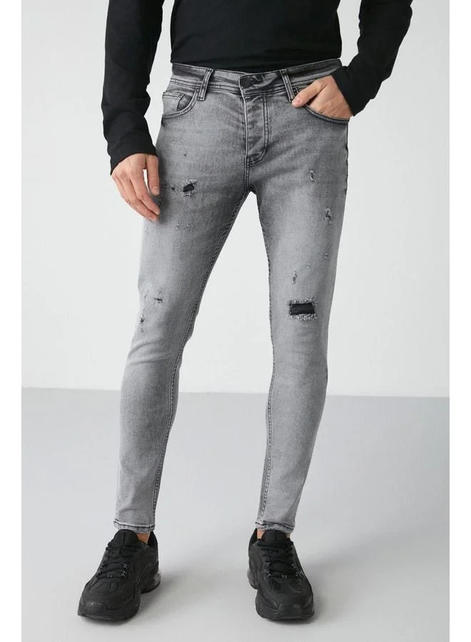 GRIMELANGE Johen Men's Skinny Fit Distressed Flexible Thick-Textured Denim Open Grey Jeans.