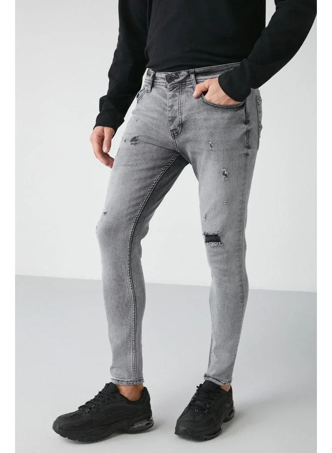 GRIMELANGE Johen Men's Skinny Fit Distressed Flexible Thick-Textured Denim Open Grey Jeans.