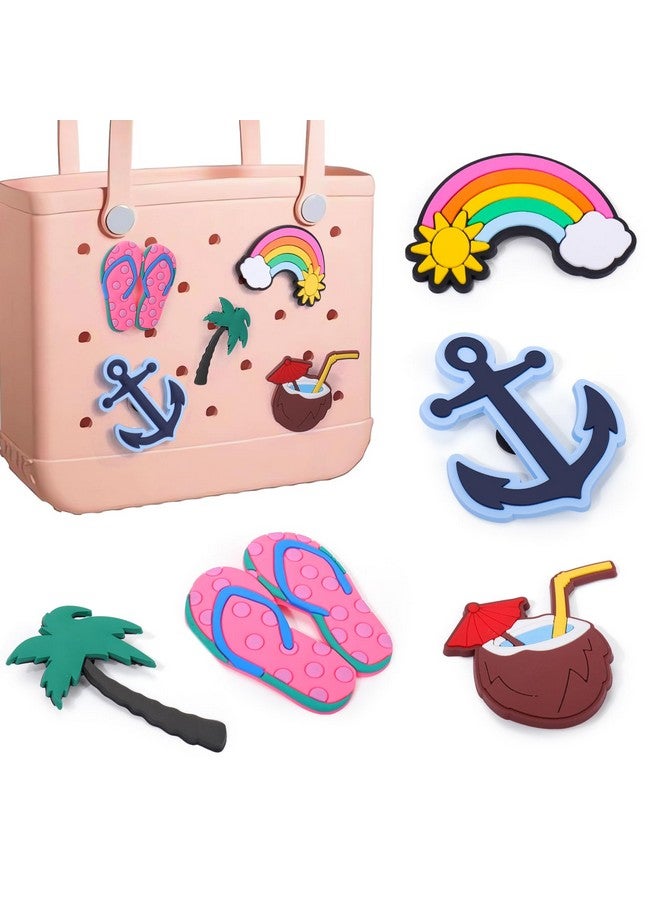Mity Rain 5 Pcs Beach Charms Compatible With Bogg Bag, Silicone Hawaii Accessories Charm With Sturdy Clips, Decorative Accessories Inserts Anchor/Coconut/Palm/Slipper/Rainbow Charms For Beach Totes  - Image 1