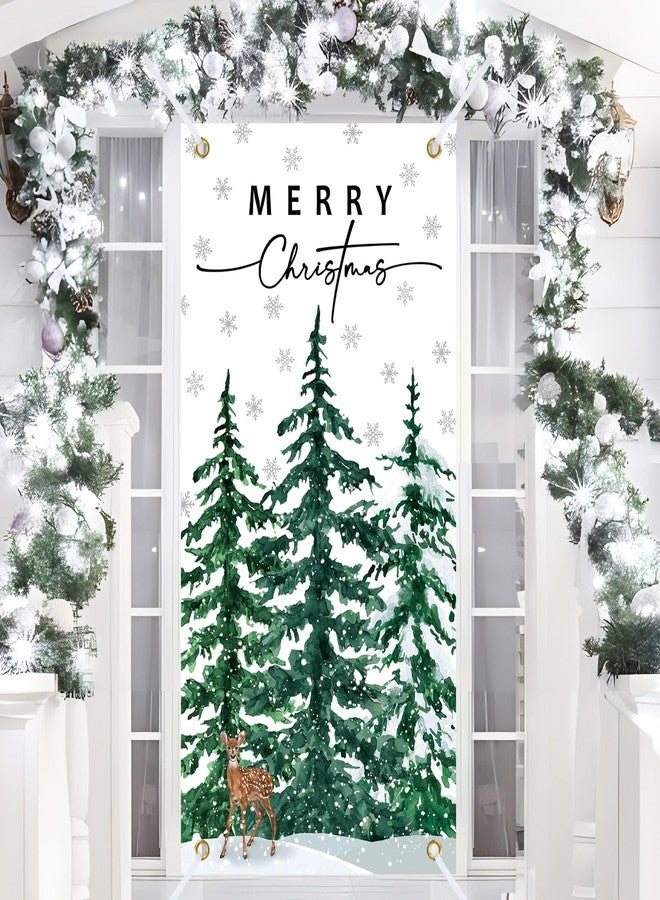Fairooth Christmas Front Door Cover Xmas Tree Door Cover Banner Merry Christmas Door Hanging Backdrop Decorations for Home Indoor Outdoor Winter Holiday Party Decor, 70.9 x 35.4 Inch - Image 1