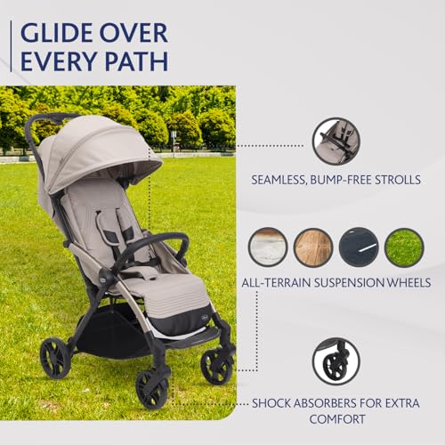 Chicco Goody XPlus Stroller | One-Touch Self-Fold | Padded Seat & Shock-Absorber Wheels | 4 Recline Positions | Adjustable Backrest | Birth to 5 Years | UV50+ Extendable Canopy | Sandshell Colour - Image 4