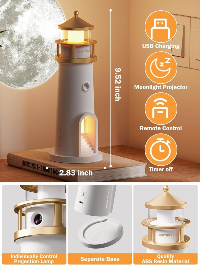 EYUVAA LABEL Lighthouse Night Lights with Full Moon Projector Night Light, Rechargeable LED Aesthetic Table Lamp Lighthouse Decor Light for Bedroom, Kids Room, Rakhi Gifts for Girls (Lighthouse Moon) - Image 4