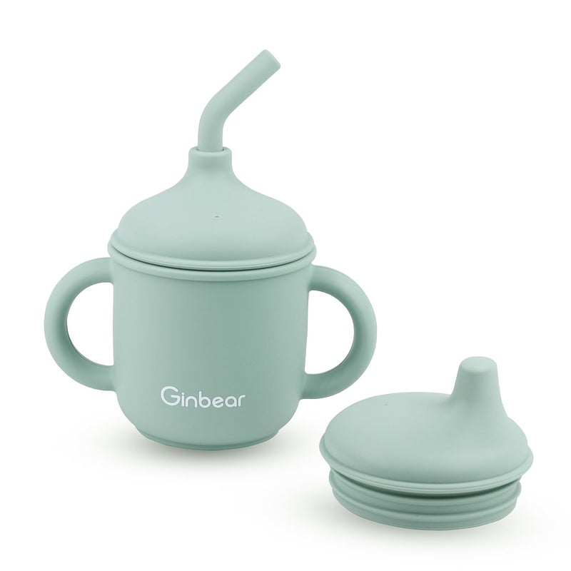 Ginbear 2-in-1 Sip-N-Straw Baby Cup, Spill Proof Non-toxic BPA Free Food Grade Silicone Training Transition Sippy Cup for Toddler 6 Months+ (Hazy Green) - Image 1