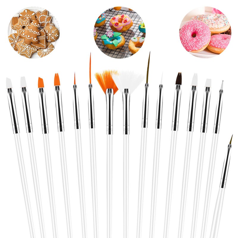 Aster 15Pcs Cake Decorating Brushes, Cake Painting Brushes Kit Food Safe Paint Brushes Multiple Function Cookie Brushes Fondant Sugar DIY Tool Set Candy Icing Pastry Brush for Baking(White) - Image 1