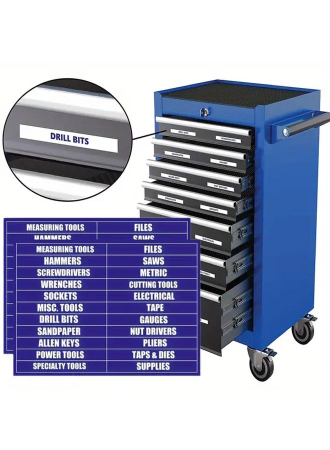 44 Pieces Heavy Duty Toolbox Labeling System Blue 2 Sheets Adhesive Tool Chest Organization Labels with Drill Bits Wrenches Saws Files Electrical Dies Category Color Coded Garage Workshop Tool Cabinet Compatible Tracking Identification System For Mechanics Contractors DIYers