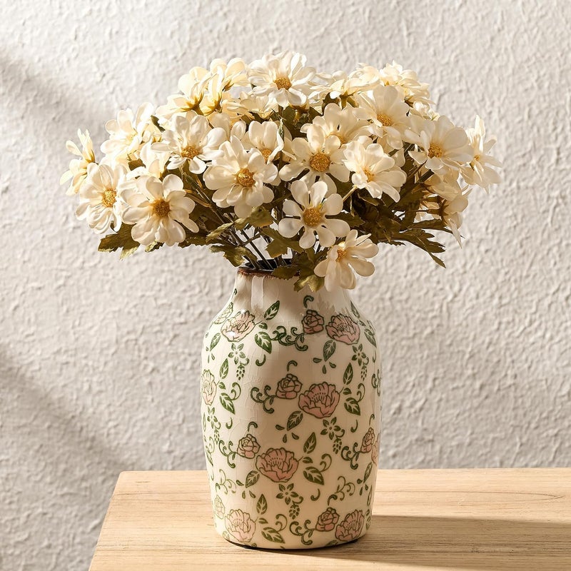 SIDUCAL Ceramic Vintage Vase, 7 Inch Retro Ice Cracked Chinoiserie Floral Vase, Rustic Farmhouse Vases for Home Decor, Bookshelf, Office, Garden, Chinoiserie Decor, Tuscan Decor, Red Rose Pattern - Image 1
