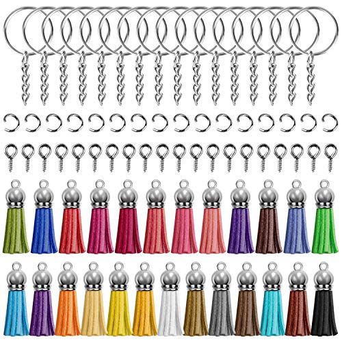 Keychain Tassles Cridoz 200pcs Bulk Keychain Rings Set Includes 50pcs Tassels for Crafts 50pcs Key Chain Rings 50pcs Jump Ring and 50pcs Screw Eye Pins for Acrylic Keychain Blanks