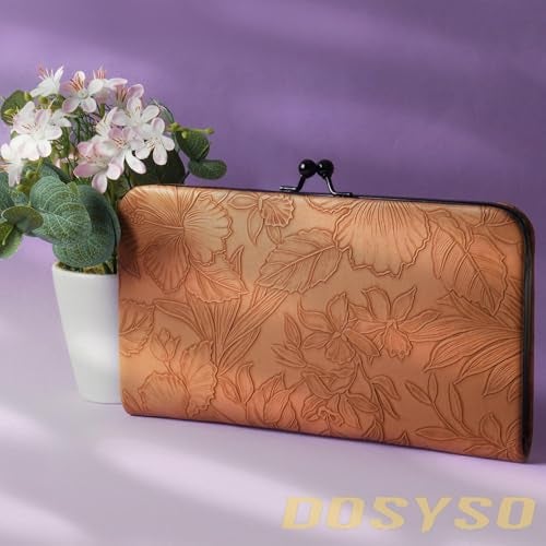 DOSYSO محفظة نسائية أنيقة أحدث حقائب يد مزخرفة بأزهار تصميم جلد نباتي حامل هاتف محمول فتحات بطاقات قفل قبلة جيب بسحاب حقيبة يد للاستخدام اليومي هدية للفتيات حفلة محفظة سيدات (بني) - Image 2