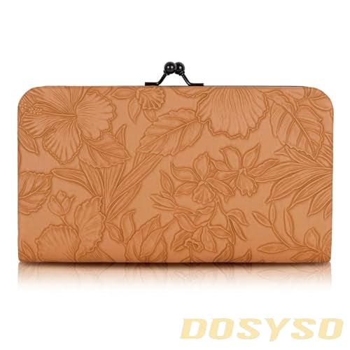 DOSYSO محفظة نسائية أنيقة أحدث حقائب يد مزخرفة بأزهار تصميم جلد نباتي حامل هاتف محمول فتحات بطاقات قفل قبلة جيب بسحاب حقيبة يد للاستخدام اليومي هدية للفتيات حفلة محفظة سيدات (بني) - Image 5