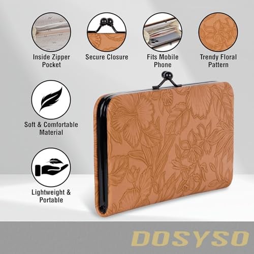 DOSYSO محفظة نسائية أنيقة أحدث حقائب يد مزخرفة بأزهار تصميم جلد نباتي حامل هاتف محمول فتحات بطاقات قفل قبلة جيب بسحاب حقيبة يد للاستخدام اليومي هدية للفتيات حفلة محفظة سيدات (بني) - Image 3