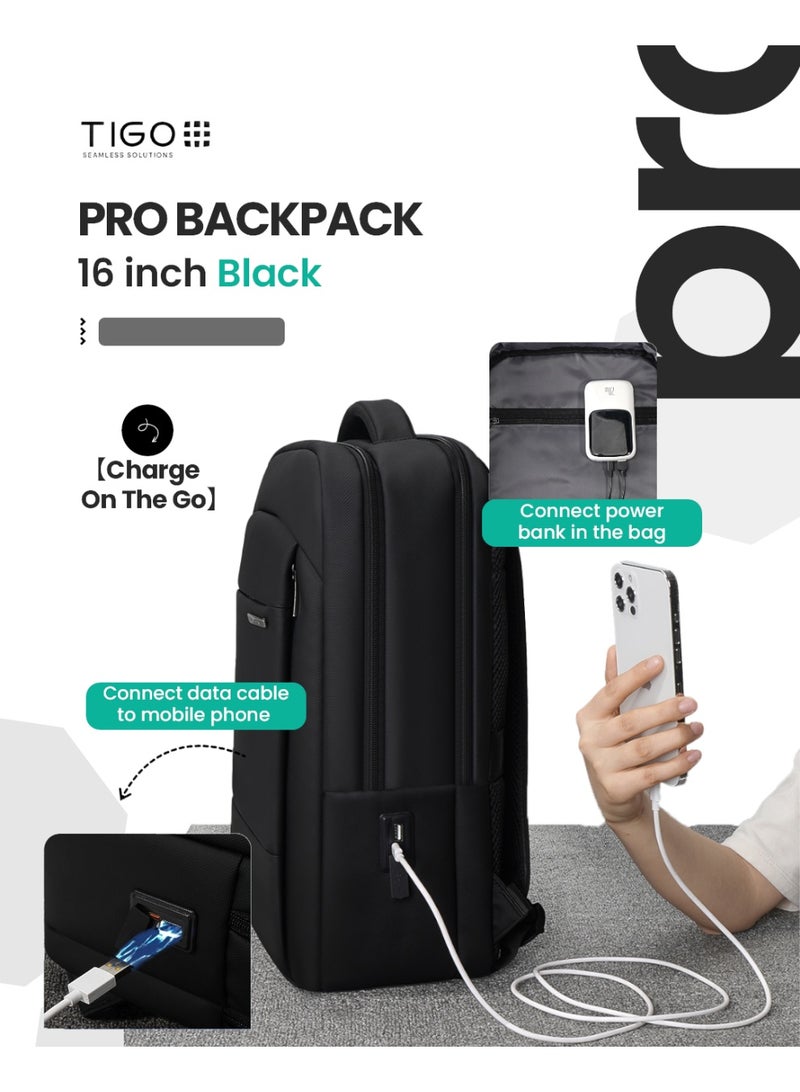T I G O 16 inch Waterproof Unisex Travel Backpack with USB Charging Port | Anti-Theft, Anti-Scratch Laptop Bag for Men, Women & Kids | Fits 16” Laptop Lightweight, Durable, Business & School Use Black - Image 4