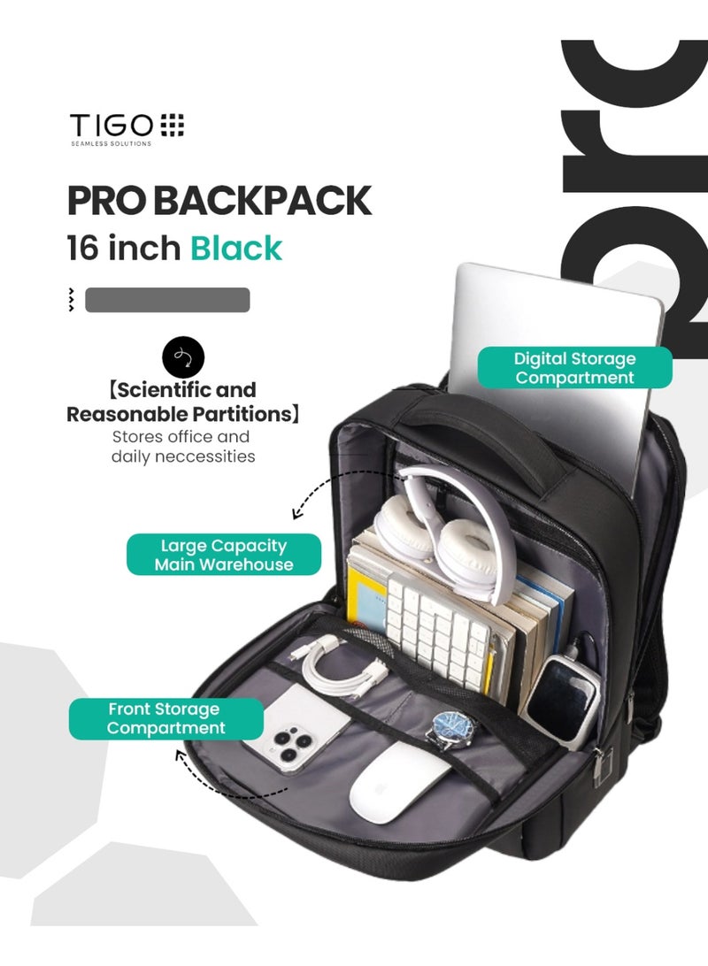 T I G O 16 inch Waterproof Unisex Travel Backpack with USB Charging Port | Anti-Theft, Anti-Scratch Laptop Bag for Men, Women & Kids | Fits 16” Laptop Lightweight, Durable, Business & School Use Black - Image 3