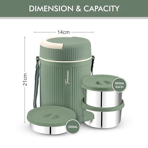Trueware Plastic Grub 2 Double Wall Insulated Hot Lunch Box with 2 Ss Container 300 Ml Each & 1 Ss Container 200Ml | Bpa Free | Food Grade | Hot and Fresh Many Hours (Green) - Image 3