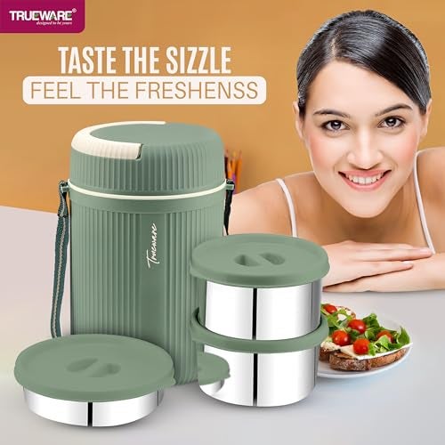 Trueware Plastic Grub 2 Double Wall Insulated Hot Lunch Box with 2 Ss Container 300 Ml Each & 1 Ss Container 200Ml | Bpa Free | Food Grade | Hot and Fresh Many Hours (Green) - Image 2