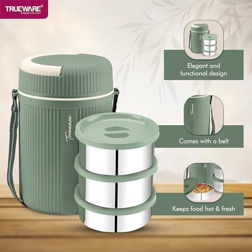 Trueware Plastic Grub 2 Double Wall Insulated Hot Lunch Box with 2 Ss Container 300 Ml Each & 1 Ss Container 200Ml | Bpa Free | Food Grade | Hot and Fresh Many Hours (Green) - Image 4
