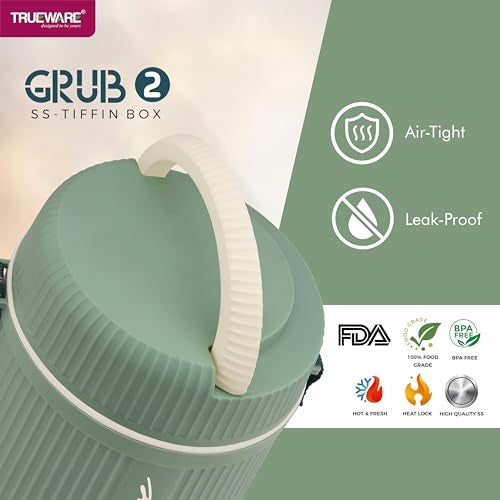 Trueware Plastic Grub 2 Double Wall Insulated Hot Lunch Box with 2 Ss Container 300 Ml Each & 1 Ss Container 200Ml | Bpa Free | Food Grade | Hot and Fresh Many Hours (Green) - Image 5