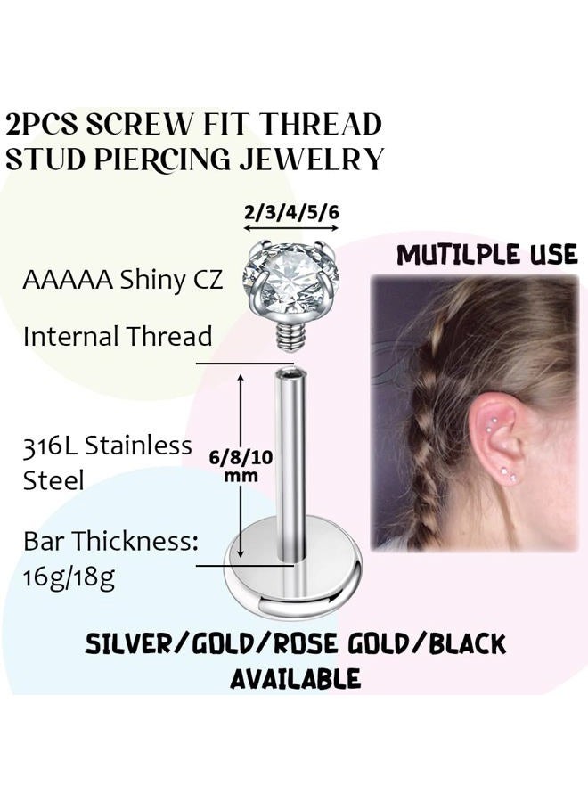 PunkTracker 16g/18g Surgical Steel Internal Thread CZ Stud Piercing Jewelry for Tragus/Nose/Helix/Conch/Medusa/Lip/Labret - Helix Tragus Cartilage Earring for Women Men 2PCS - Image 2