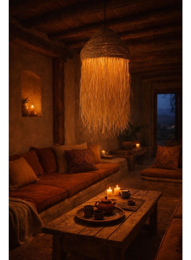 Rustic pendant chandelier with flowing natural fibers, warm ambient glow, creating serene and elegant interior atmosphere - Image 5