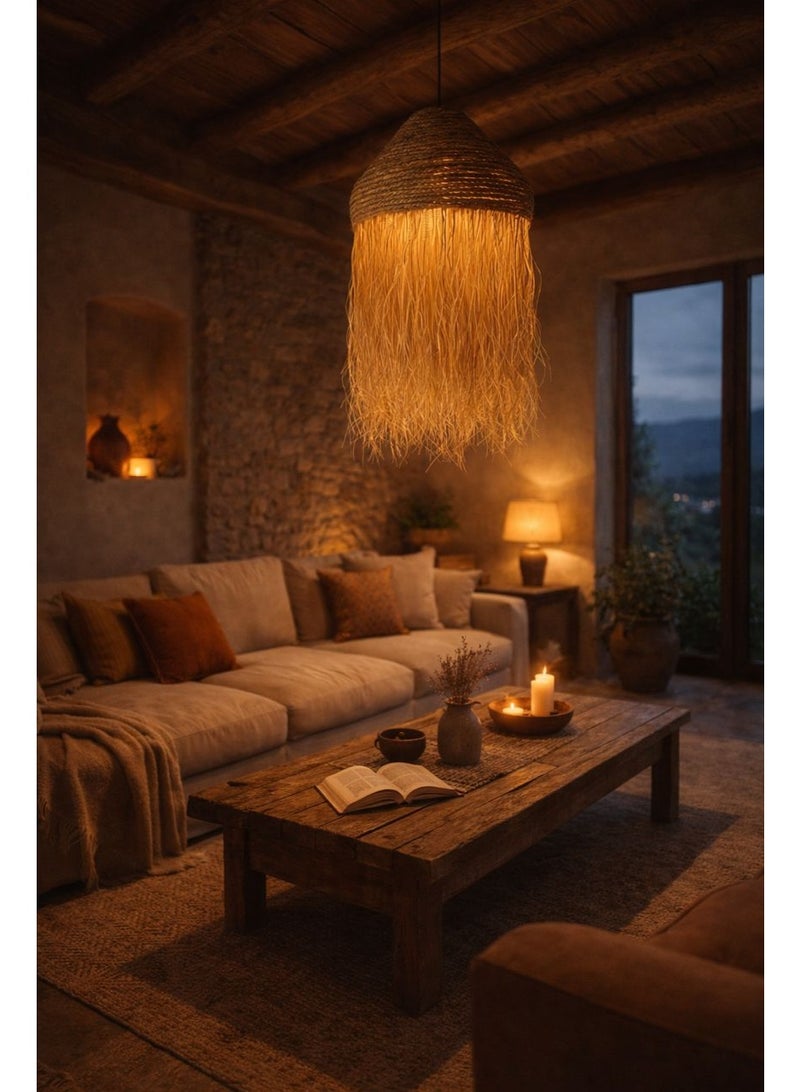 Rustic pendant chandelier with flowing natural fibers, warm ambient glow, creating serene and elegant interior atmosphere - Image 3