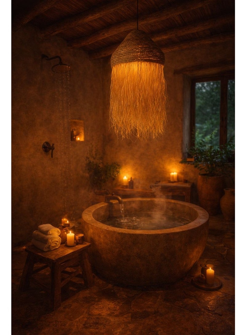 Rustic pendant chandelier with flowing natural fibers, warm ambient glow, creating serene and elegant interior atmosphere - Image 2