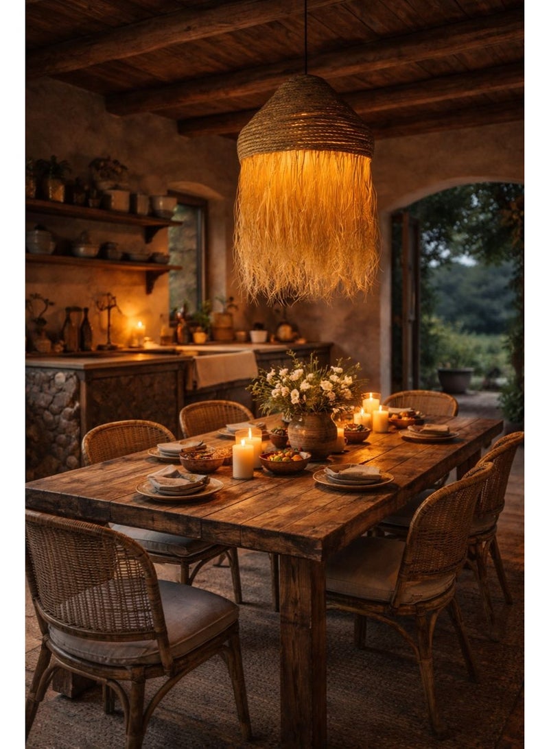 Rustic pendant chandelier with flowing natural fibers, warm ambient glow, creating serene and elegant interior atmosphere - Image 1