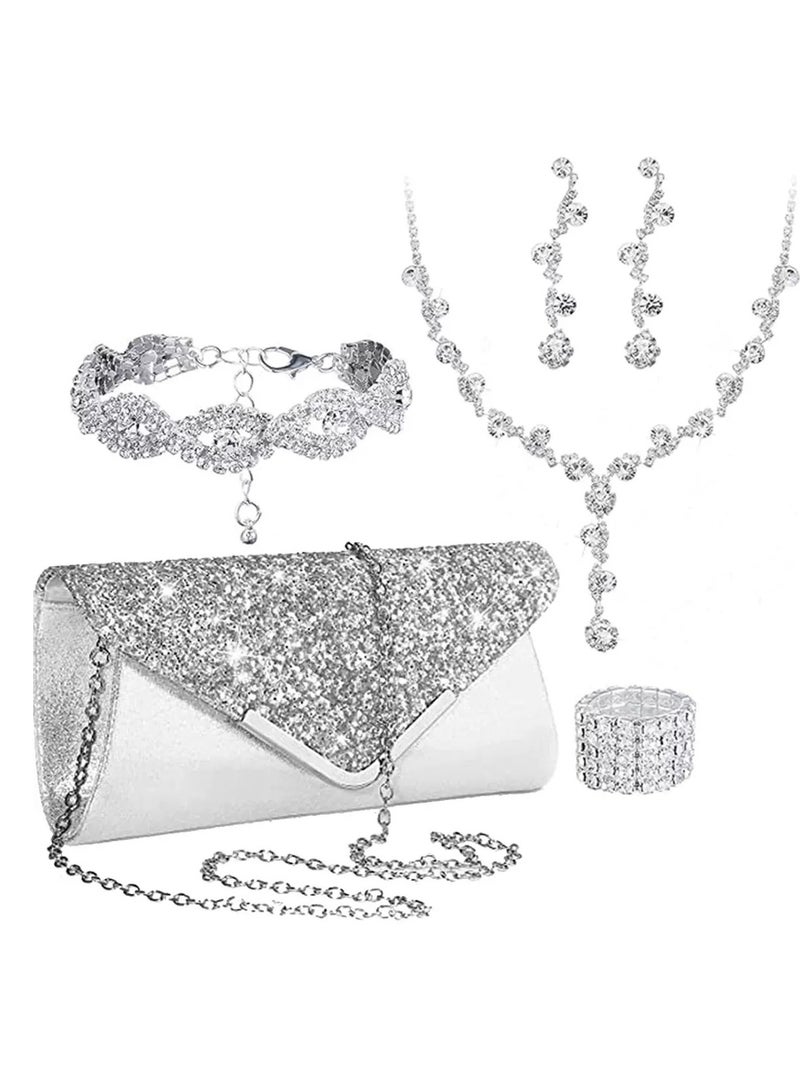 VRCOW 5Pcs Clutch Bag Rhinestone Jewelry Set with Necklace Ring Earrings Bracelets Rhinestone Purse Bag Evening Bag Wedding Bridal Bridesmaid Costume Jewelry Set for Women and Girls Dress Accessories - Image 1