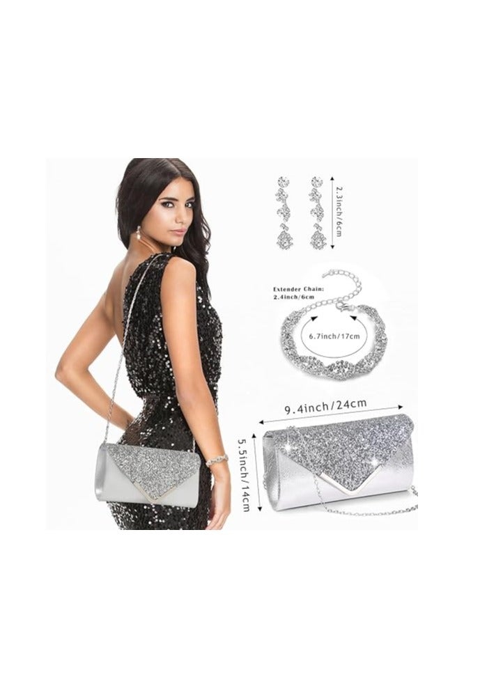 VRCOW 5Pcs Clutch Bag Rhinestone Jewelry Set with Necklace Ring Earrings Bracelets Rhinestone Purse Bag Evening Bag Wedding Bridal Bridesmaid Costume Jewelry Set for Women and Girls Dress Accessories - Image 3