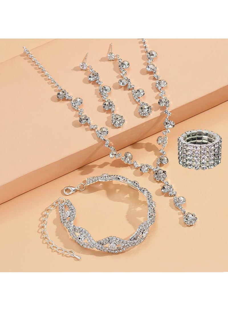 VRCOW 5Pcs Clutch Bag Rhinestone Jewelry Set with Necklace Ring Earrings Bracelets Rhinestone Purse Bag Evening Bag Wedding Bridal Bridesmaid Costume Jewelry Set for Women and Girls Dress Accessories - Image 4