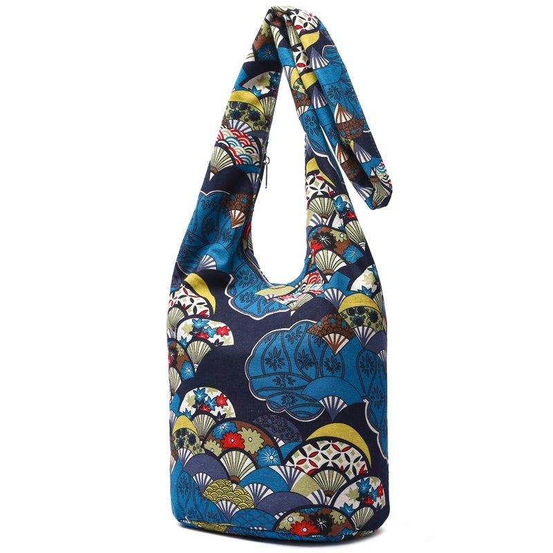 Coton Pose Women Shoulder Handbags Fashion canvas Hippie Crossbody Bags Bohemian Animal Prints Hobo Bags (Blue fan) - Image 2