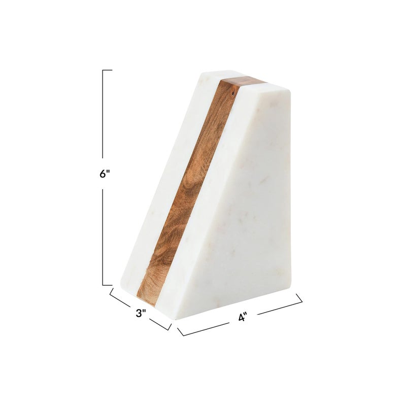 Main + Mesa Marble Geometric Bookends With Wood Inlay  White - Image 4