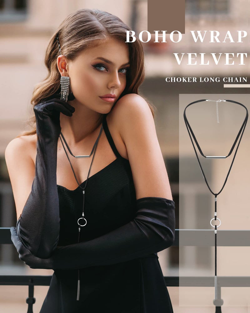 Sureio 6 Pcs Women Western Jewelry Cowgirl Boho Necklace Leather Velvet Long Choker Turquoise Necklace with Bag (Western) - Image 3