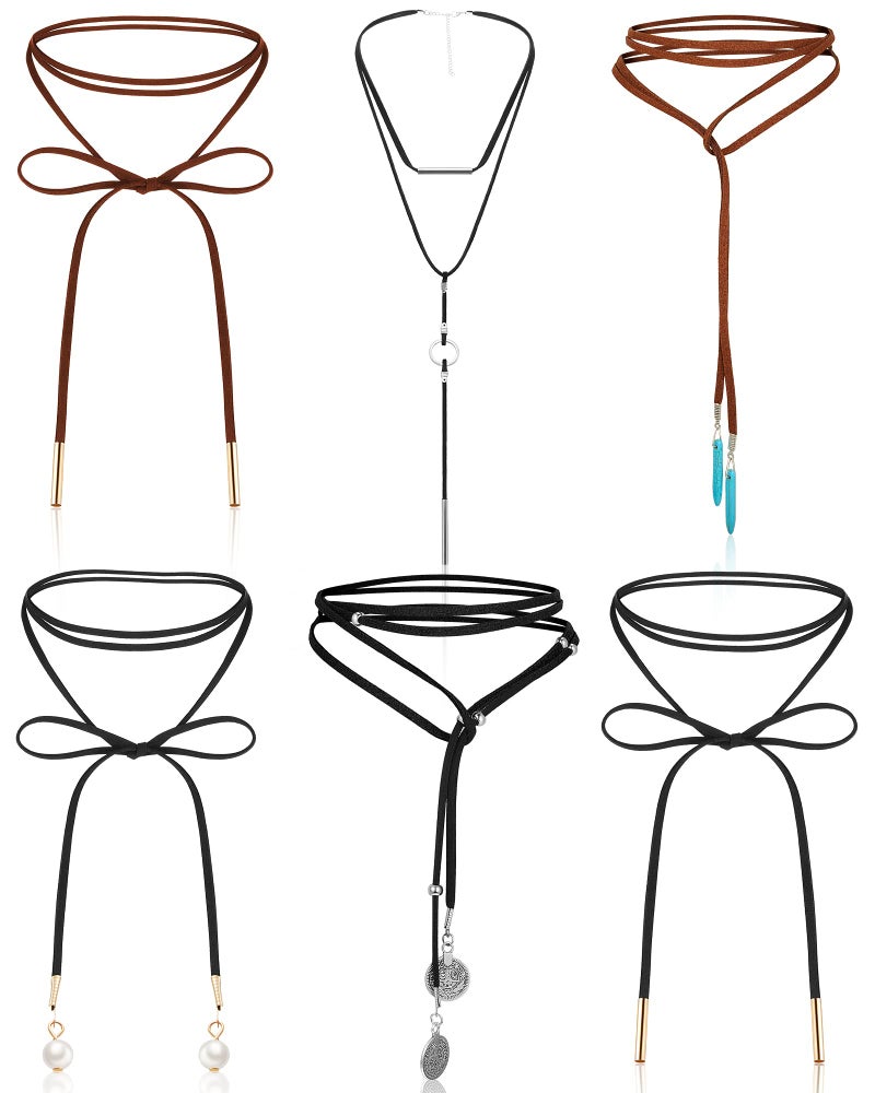 Sureio 6 Pcs Women Western Jewelry Cowgirl Boho Necklace Leather Velvet Long Choker Turquoise Necklace with Bag (Western) - Image 1