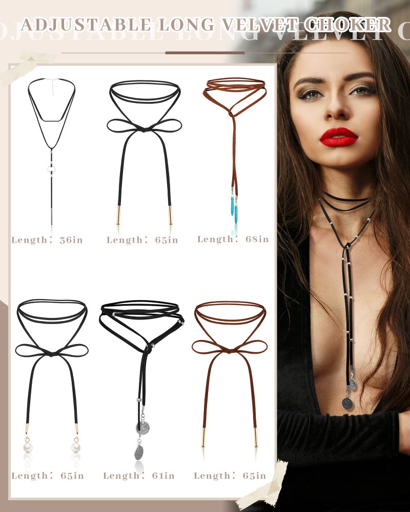 Sureio 6 Pcs Women Western Jewelry Cowgirl Boho Necklace Leather Velvet Long Choker Turquoise Necklace with Bag (Western) - Image 2