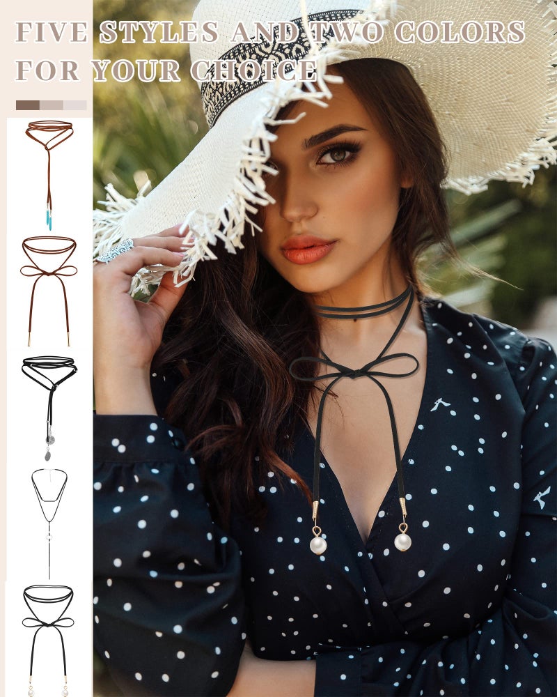 Sureio 6 Pcs Women Western Jewelry Cowgirl Boho Necklace Leather Velvet Long Choker Turquoise Necklace with Bag (Western) - Image 5