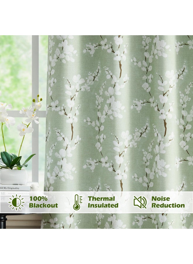 FMFUNCTEX 100% Blackout Floral Curtains for Bedroom, Sage Green Curtains 84 inches Long Blossom Patterned for Living Room, Thermal Insulated Farmhouse Drapes, Grommet Top 2 Panels (White on Green) - Image 3