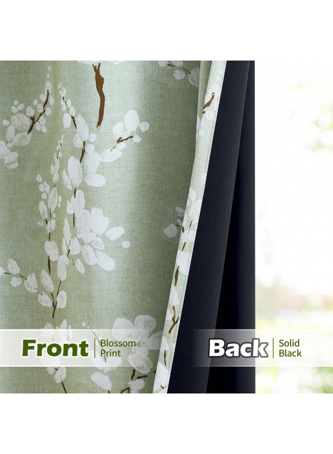 FMFUNCTEX 100% Blackout Floral Curtains for Bedroom, Sage Green Curtains 84 inches Long Blossom Patterned for Living Room, Thermal Insulated Farmhouse Drapes, Grommet Top 2 Panels (White on Green) - Image 2