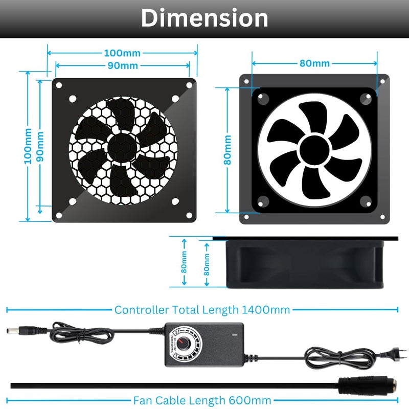 PGSA2Z Enhanced Cooling Solution: 80mm AC Plug Fan (120V/110V/220V) with Adjustable Speed Controller for PC, Doorway, Receiver, Xbox, DVR, Router, Home Theater, AV Cabinets - Quiet Cooling Fan System - Image 5