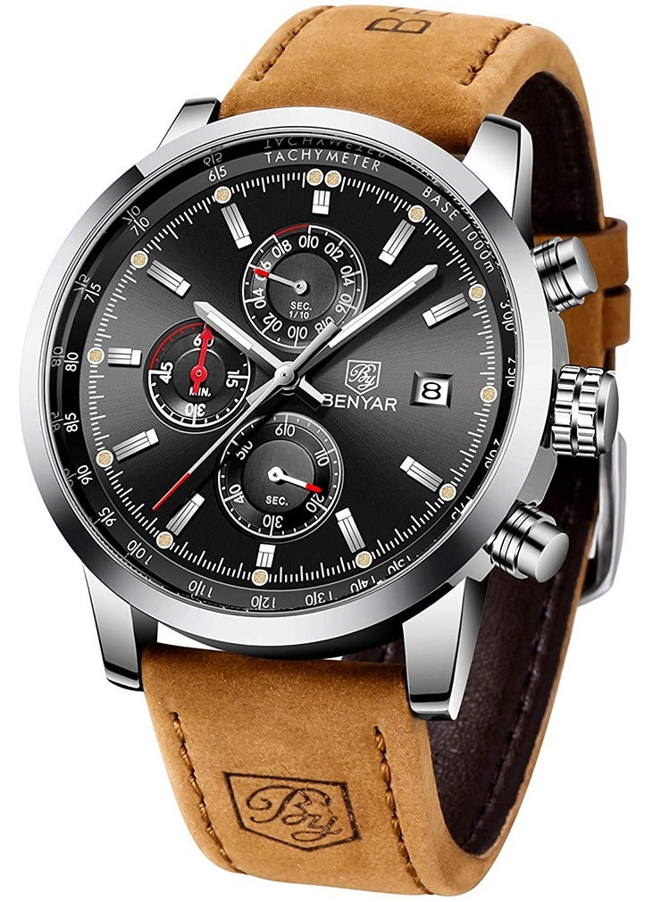 BENYAR Mens Watches Chronograph Analog Quartz Watch Stainless Steel Watch for Men Stylish Business Sports Waterproof Wristwatch Brown Leather Strap - Image 1