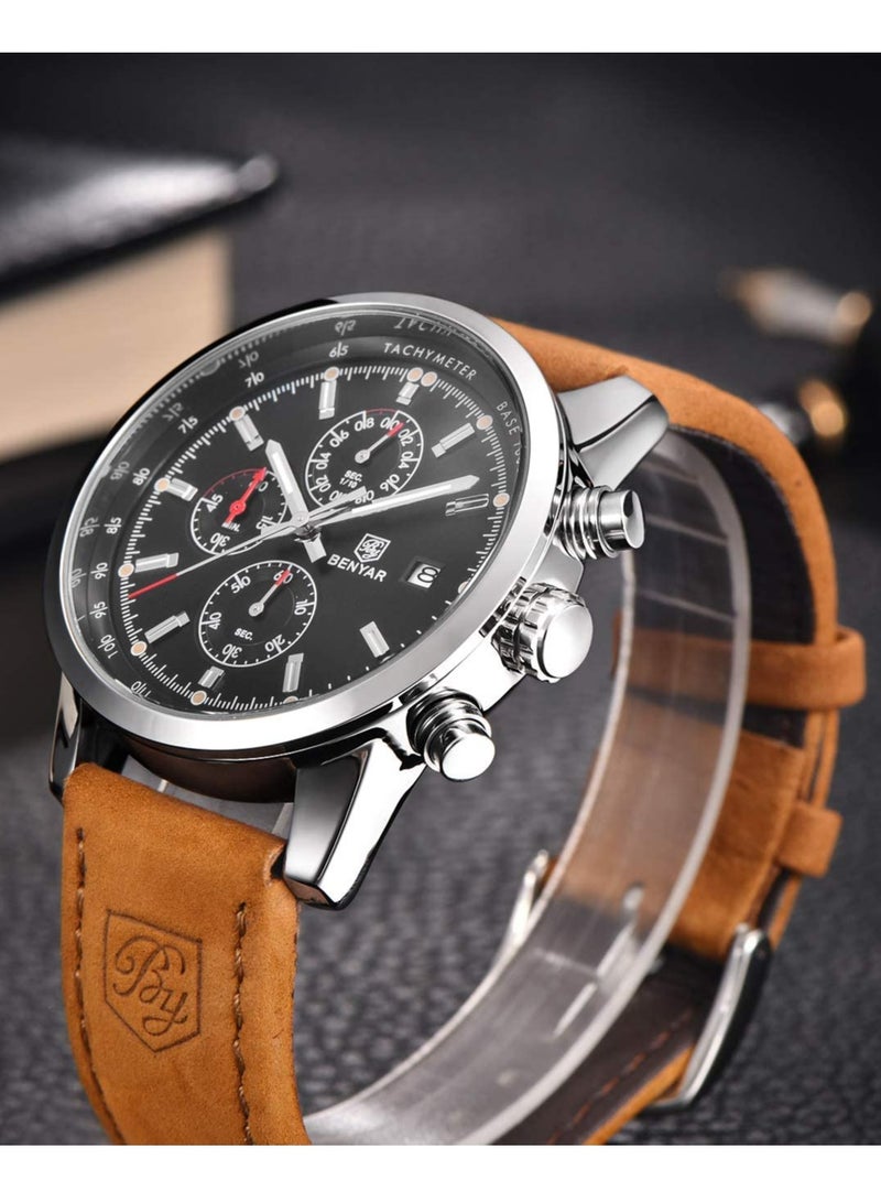BENYAR Mens Watches Chronograph Analog Quartz Watch Stainless Steel Watch for Men Stylish Business Sports Waterproof Wristwatch Brown Leather Strap - Image 5