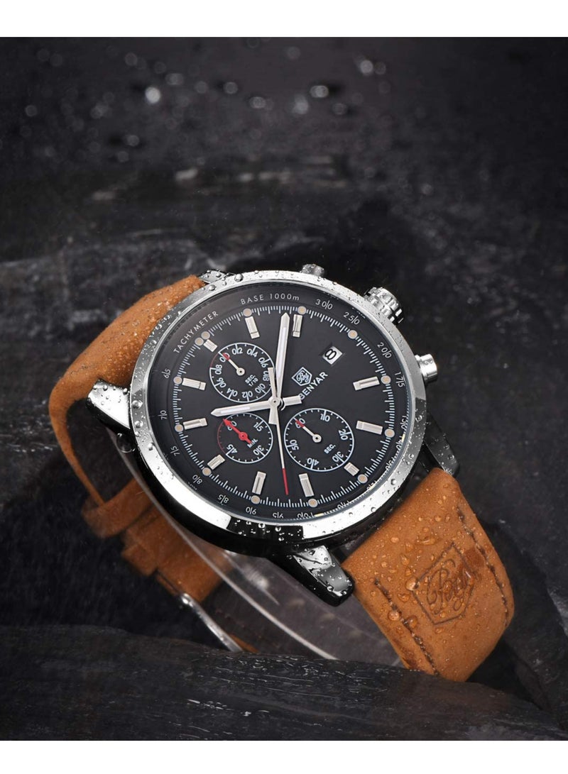 BENYAR Mens Watches Chronograph Analog Quartz Watch Stainless Steel Watch for Men Stylish Business Sports Waterproof Wristwatch Brown Leather Strap - Image 3