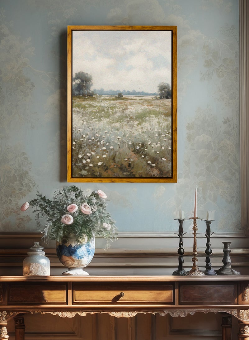 لوحة كانفاس على إطار خشبي بإطار خارجي باللون الخشبي وتصميم منظر كلاسيكي لزهور وأشجار - Image 3