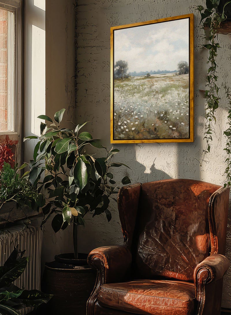 لوحة كانفاس على إطار خشبي بإطار خارجي باللون الخشبي وتصميم منظر كلاسيكي لزهور وأشجار - Image 2