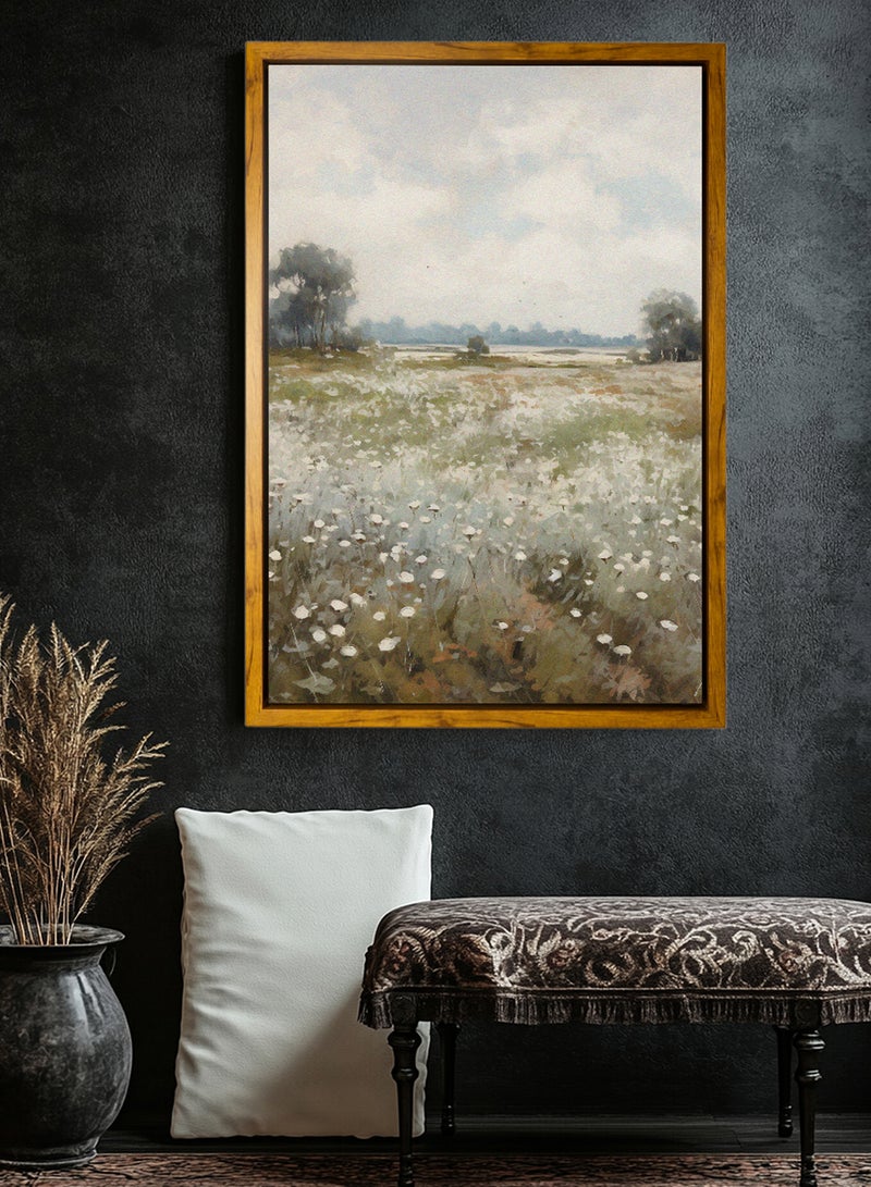 لوحة كانفاس على إطار خشبي بإطار خارجي باللون الخشبي وتصميم منظر كلاسيكي لزهور وأشجار - Image 4