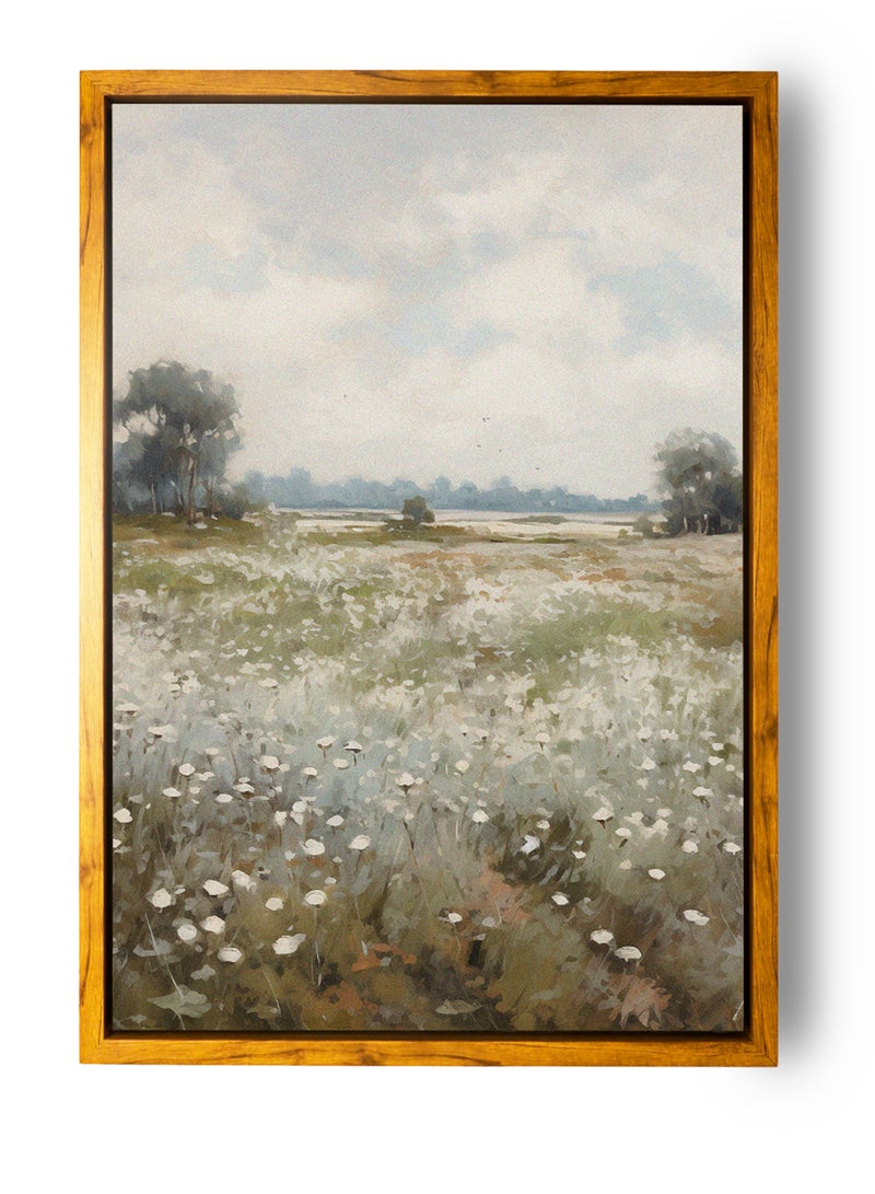 لوحة كانفاس على إطار خشبي بإطار خارجي باللون الخشبي وتصميم منظر كلاسيكي لزهور وأشجار - Image 5