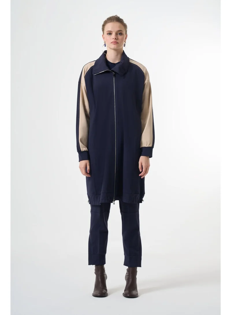 MissWhence  Modern Panelled Zip Midi Jacket- Navy for Women | Best Price UAE