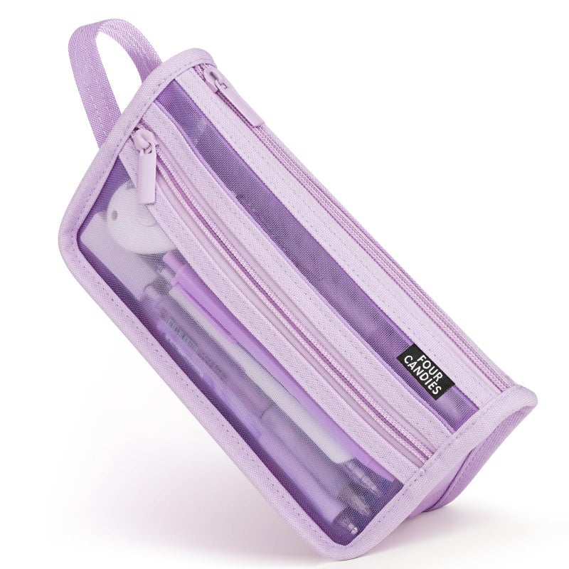 Four Candies Grid Mesh Pencil Case with Handle and Zipper Clear Doublelayer Pencil Pouch Marker Pouch Travel Makeup Bag Cute Transparent Stationary Organizer Pen Bag for Adult Office College