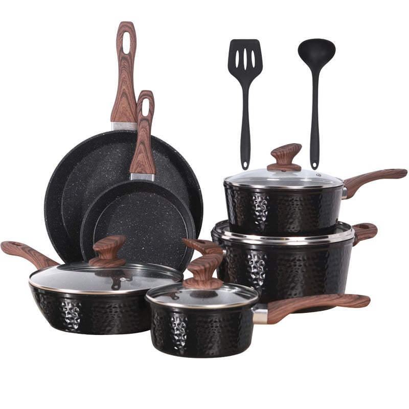 Kitchen Academy Induction Pots and Pans Set Non Stick - 12 Pcs Nonstick Kitchen Cookware Set, Black Hammered Cooking Pans Set - Image 1