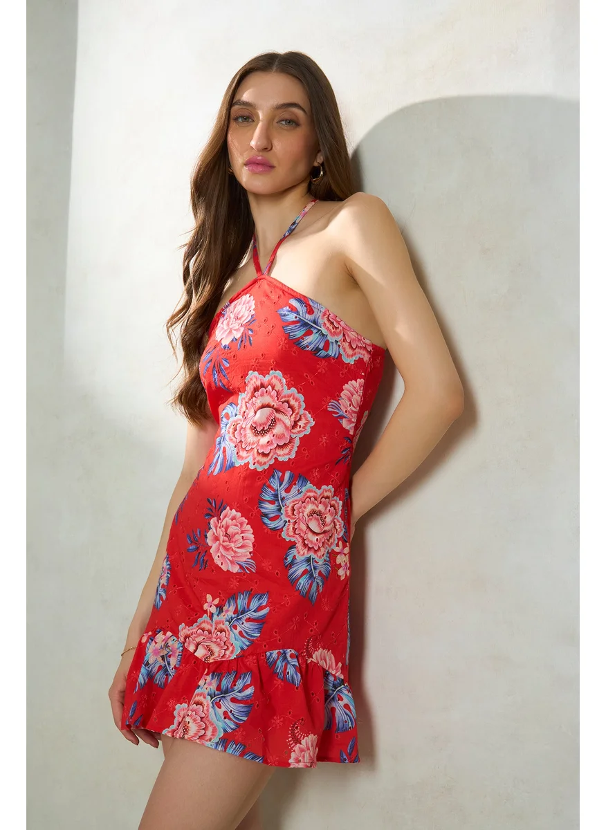 Virgio Virgio Floral Printed Halter Neck Cotton Tie Up Ruffled Schiffli A-Line Dress