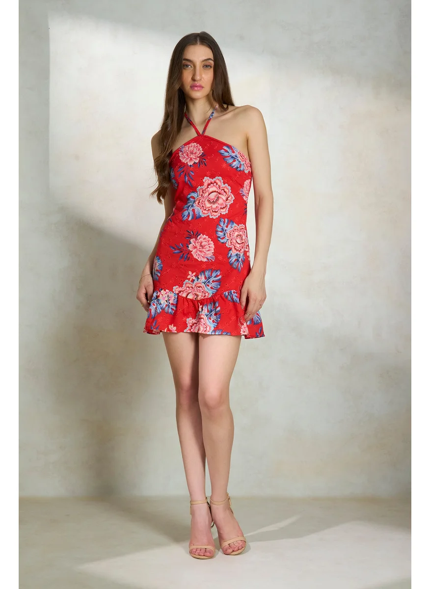 Virgio Virgio Floral Printed Halter Neck Cotton Tie Up Ruffled Schiffli A-Line Dress